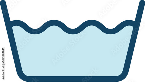 Blue laundry wash symbol with wavy water in basin. A blue laundry care instruction icon for washing clothes in a machine