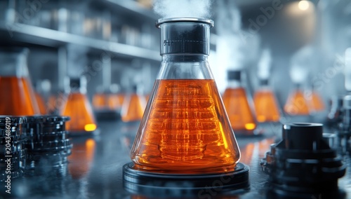 Erlenmeyer flask with vibrant orange liquid steaming in a modern science laboratory. Concept of chemical reactions, scientific research, and innovation.
