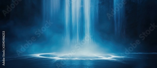 Abstract blue light beam illuminating a glowing circular portal on a dark, mysterious liquid surface with atmospheric fog. Futuristic energy background.