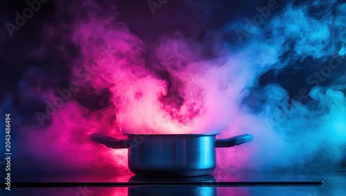 Steaming Metal Cooking Pot with Vibrant Neon Pink and Blue Smoke on Dark Background