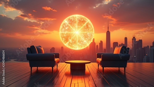 Two dark leather armchairs flank a round coffee table on a wooden terrace, facing a glowing giant spherical sun above a silhouetted city skyline amid fiery sunset clouds.