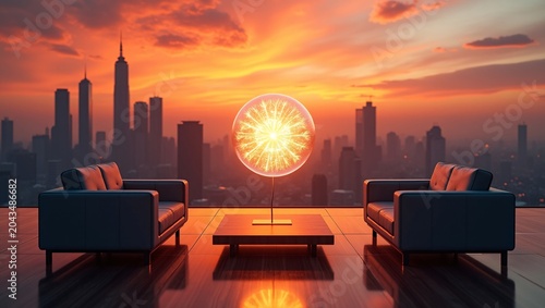 Two dark leather sofas frame a wooden coffee table topped with a glowing spherical lamp, set on a polished terrace against a fiery sunset and silhouetted city skyline.