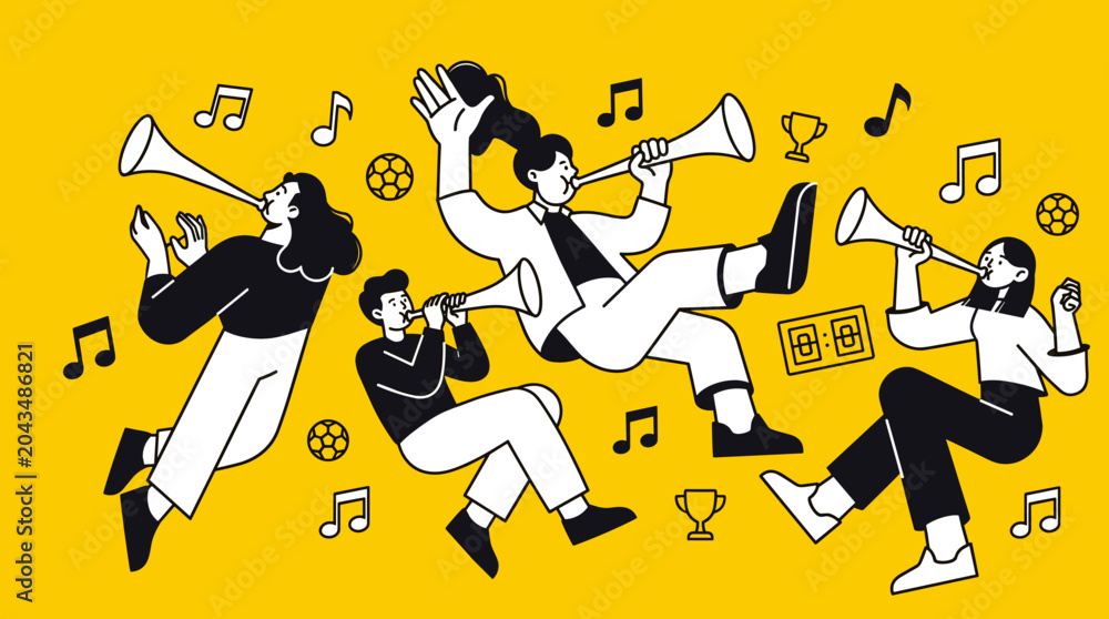 Fototapeta premium Flat vector illustration of excited sports fans blowing horns, celebrating victory and soccer championship on yellow background
