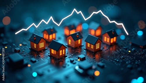 Glowing miniature houses sit on dark circuit board, with a fluctuating white real estate trend graph above and soft colorful bokeh lights.