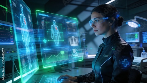 Generative AI depicting futuristic healthcare technology with holographic interfaces