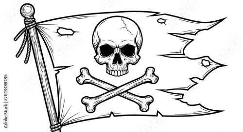 Fotografía Tattered Jolly Roger Flag with Skull and Crossbones.
