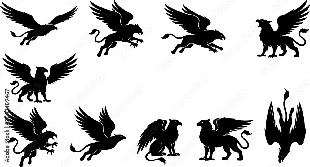 Fototapeta premium Bundle of griffin mythological animal silhouettes flying and standing on plain background