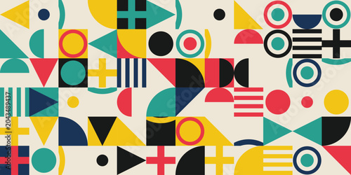 Foto Abstract geometric pattern with colorful shapes like circles, triangles, and cro