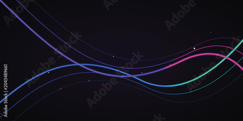 Abstract background with glowing neon wavy lines and particles, digital technology concept, futuristic light streaks design