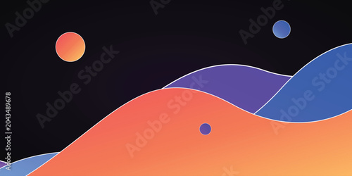 Foto Abstract landscape with rolling hills, gradient colors, and celestial bodies in