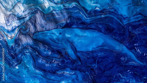 Abstract fluid art background with majestic blue whale shape swimming in swirling ocean waves acrylic texture