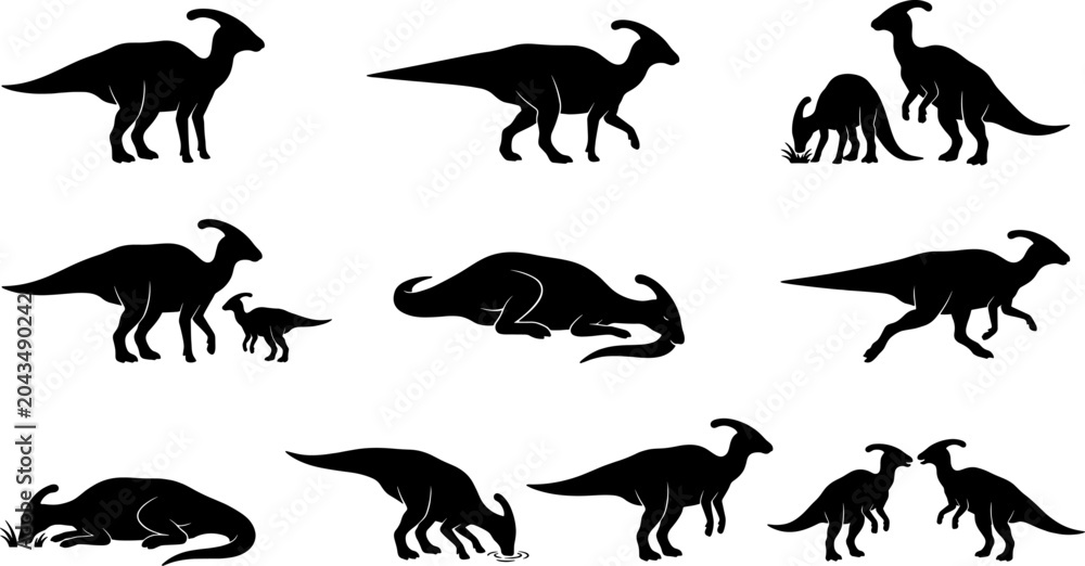 Fototapeta premium Detailed set of parasaurolophus dinosaur silhouettes walking and grazing in prehistoric landscape environments
