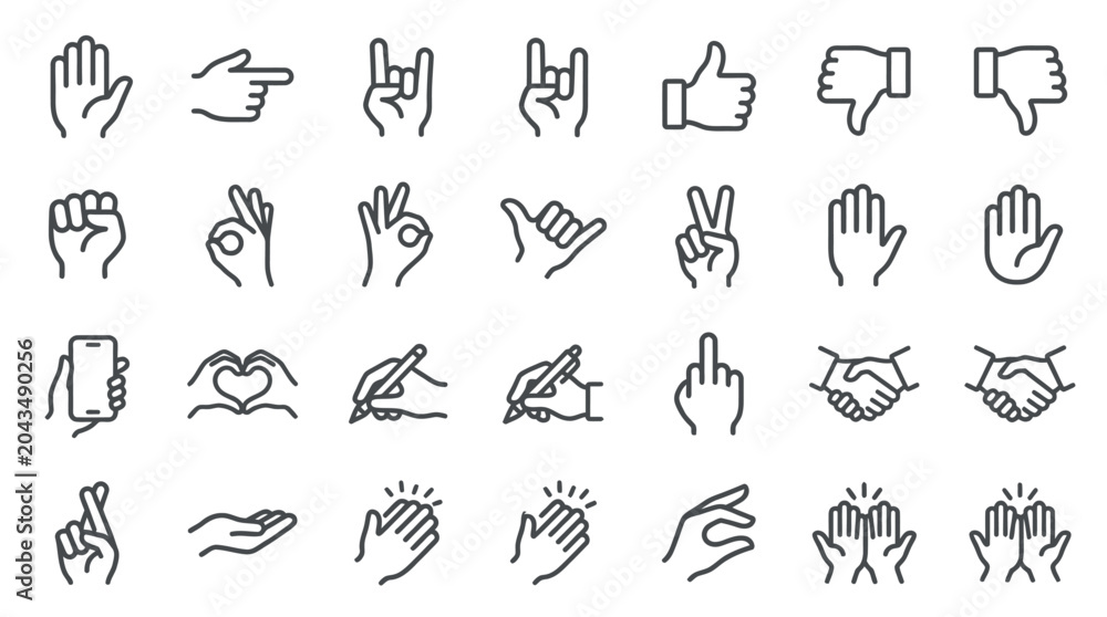 Fototapeta premium Minimalist black vector graphic design set featuring various hand gestures and professional communication sign icons