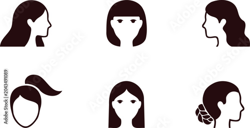 Tableau sur toile Collection of six diverse female profile and frontal silhouette icons representi