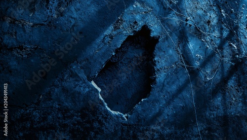 Moody esoteric art background with midnight blue broken wall texture and mystical branch shadow overlay