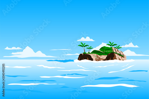 ​Vector illustration of a small tropical island in the middle of a vast blue ocean.