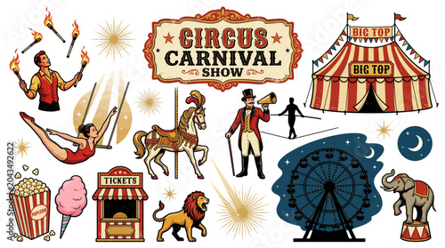 Vintage Circus Carnival Fairground Poster Vector Set with Big Top Ringmaster Acrobat Carousel Ferris Wheel and Retro Show Design