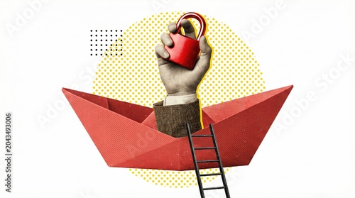 Creative business collage showing a hand holding a padlock inside a paper boat representing data security and risk management.