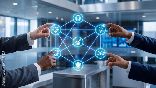 Business professionals interacting with futuristic digital interface displaying interconnected technology and business icons.