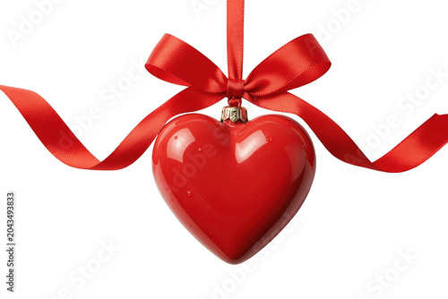 Red Heart Ornament with Ribbon Hanging Isolated