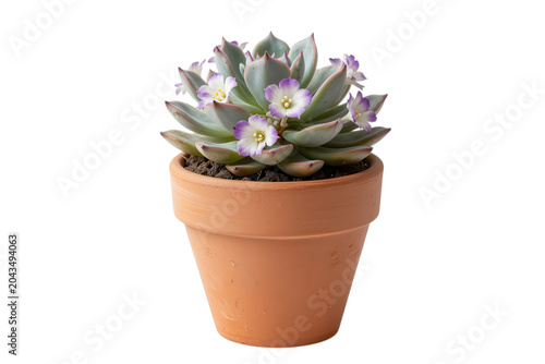 Succulent Plant in Terracotta Pot with Purple Flowers