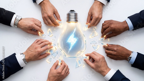 Diverse business hands collaborating to assemble broken light bulb, symbolizing innovation and teamwork.