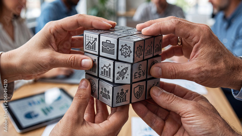 Business team collaborating on strategic solutions with an iconic cube puzzle