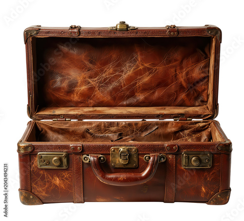 Vintage Leather Suitcase with Hair Inside Open Transparent Background