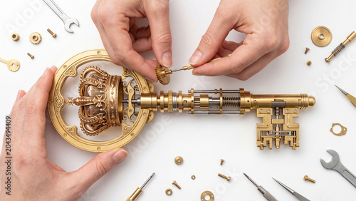 Hands assembling an intricate golden mechanical key with visible gears and internal mechanisms