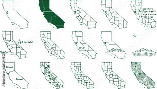 Photos California state map variations with regions and city labels in outline green