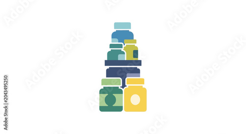 Stack of colorful medicine bottles, vitamins, supplements, health care concept, flat design