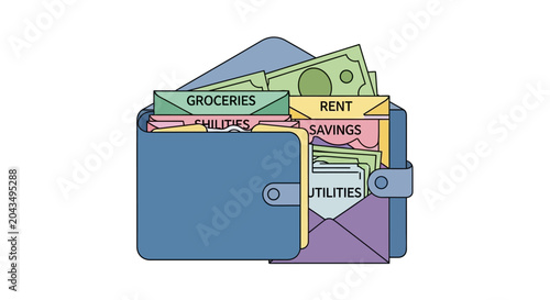 Wallet with labeled envelopes for expenses: groceries, rent, savings, utilities, children