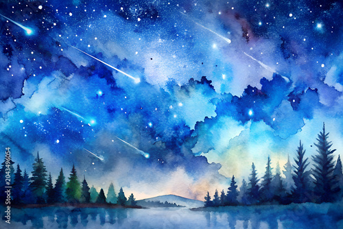 Starry night sky with shooting stars over tranquil lake and forest  