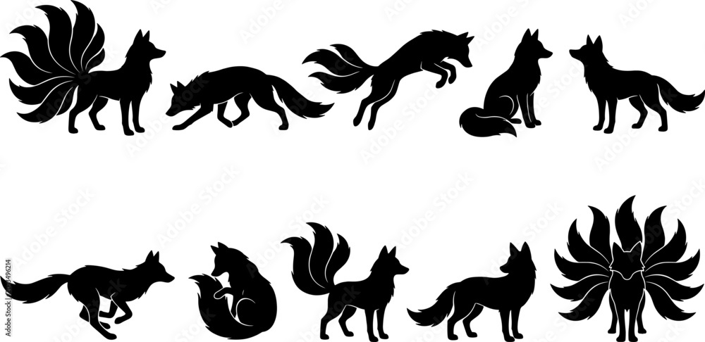 Naklejka premium Nine-tailed fox kitusne bundle featuring mythical kitsune silhouettes in various magic poses