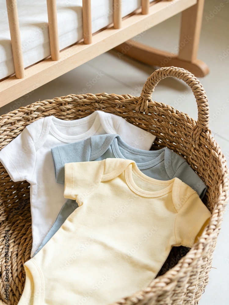 Obraz premium Baby Clothes in Wicker Laundry Basket