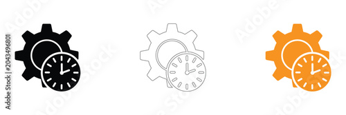 Foto Gear and clock icons in black, Line art, And orange on white background for busi