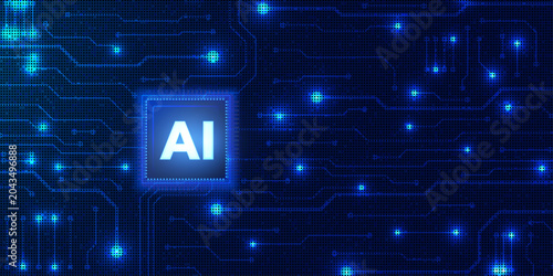 Quadro su tela Artificial intelligence ai glowing chip on dark blue circuit board background