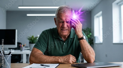 Elderly man experiencing severe headache and migraine pain with a purple aura around his temple in an office setting