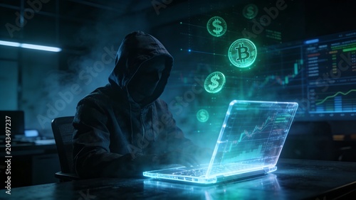 Generative AI depicts a hacker manipulating cryptocurrency data in a dark environment
