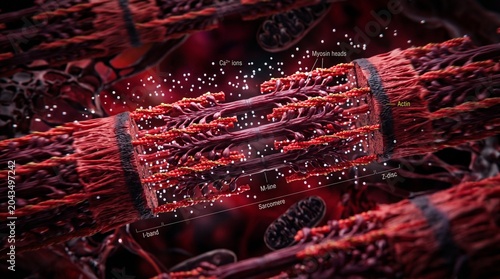 Detailed 3D illustration of a sarcomere the basic contractile unit of striated muscle showing actin filaments myosin heads and calcium ions