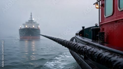towline. A taut black towline connects a tugboat to a distant ship in morning mist. mobility guides, transit brochures, designed for mobility and urban transit guides, used by bi analysts.