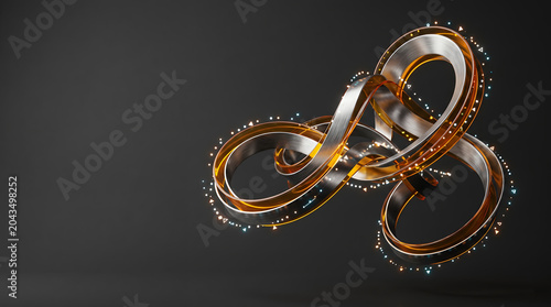 Abstract Futuristic Infinity Loop with Metallic Ribbon and Glowing Tech Particles on Dark Background