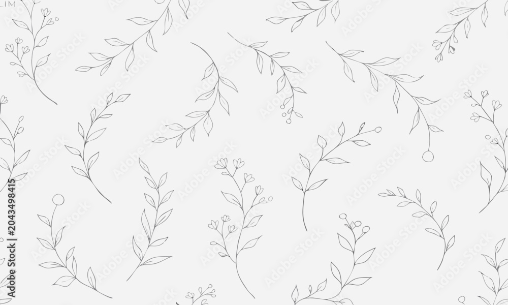 Obraz premium Botanical Pattern Illustration, Minimalist Line Art Design with Leaves and Flowers Featuring Floral, Nature, Plant with Foliage and Branch Elements