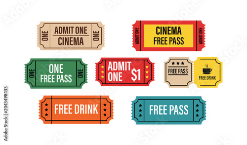 Photos Colorful cinema ticket stubs with various promotional offers and free passes