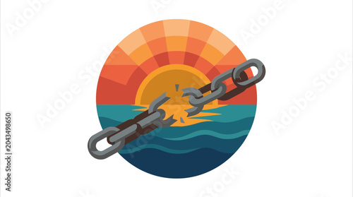Принти на полотні A broken metal chain floating in front of a sunset over the ocean