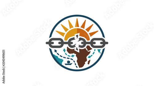Foto A circular emblem featuring a broken chain over a map of Africa and a rising sun