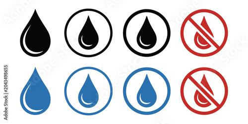 Foto Set of water drop icons in circles and crossed out prohibition signs on a transp