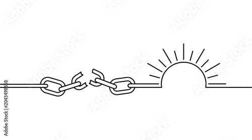 Tableau sur toile A minimalist line art illustration depicting a broken chain transitioning into a rising sun