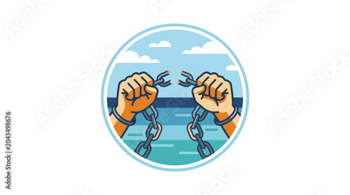 Fotografija Two human hands breaking heavy metal chains representing freedom and liberation