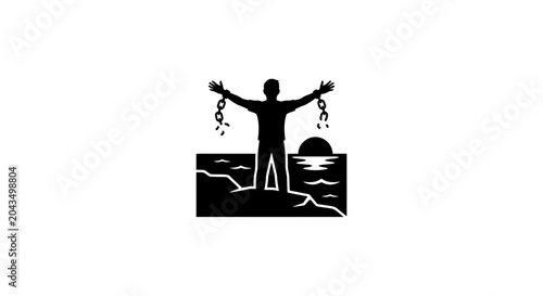 Slika na platnu A silhouette of a person breaking free from chains standing on a rocky shore